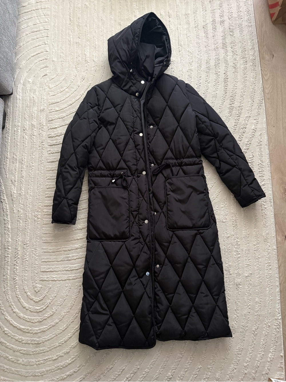 Kenneth Cole Black Long Hooded Diamond-Quilted Puffer Coat